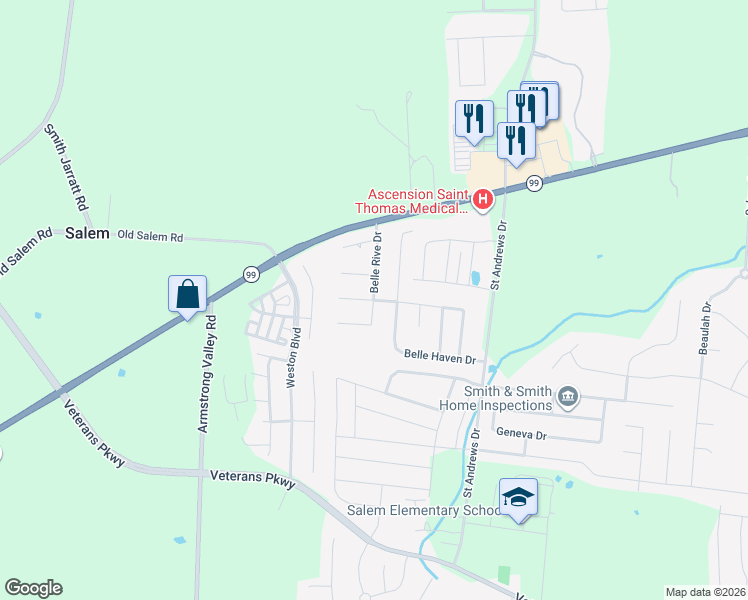 map of restaurants, bars, coffee shops, grocery stores, and more near 2826 Silver Springs Court in Murfreesboro