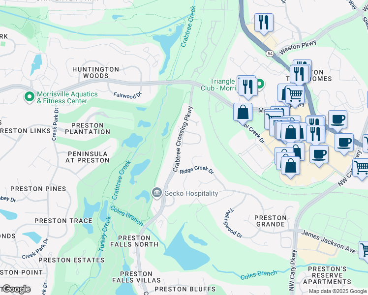 map of restaurants, bars, coffee shops, grocery stores, and more near 100 Kirkeenan Circle in Morrisville