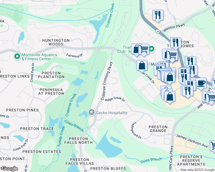 map of restaurants, bars, coffee shops, grocery stores, and more near 100 Kirkeenan Circle in Morrisville