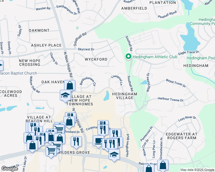 map of restaurants, bars, coffee shops, grocery stores, and more near 4401 Liverpool Lane in Raleigh
