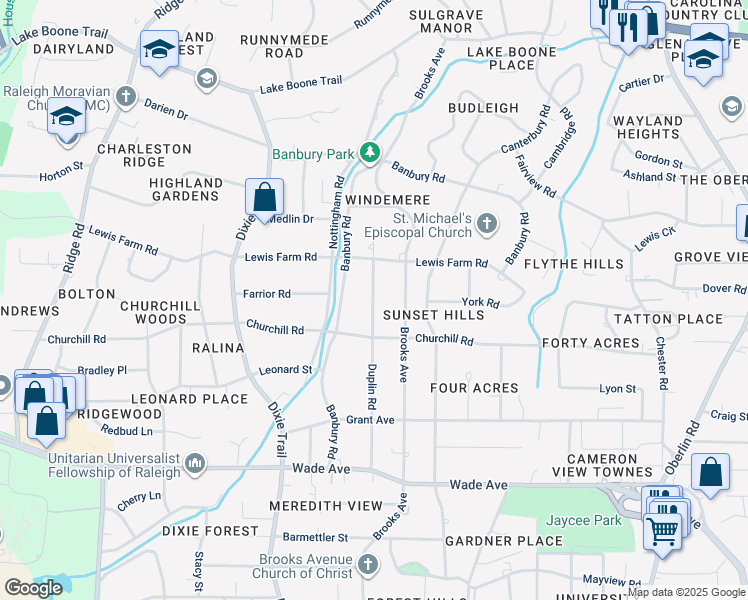 map of restaurants, bars, coffee shops, grocery stores, and more near 1418 Duplin Road in Raleigh