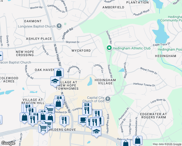 map of restaurants, bars, coffee shops, grocery stores, and more near 4401 Liverpool Lane in Raleigh