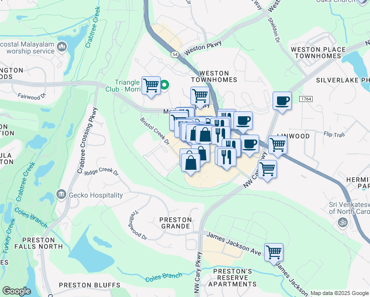map of restaurants, bars, coffee shops, grocery stores, and more near 3033 Village Market Place in Morrisville