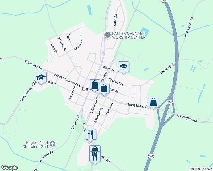 map of restaurants, bars, coffee shops, grocery stores, and more near 102 Nash Street in Elm City