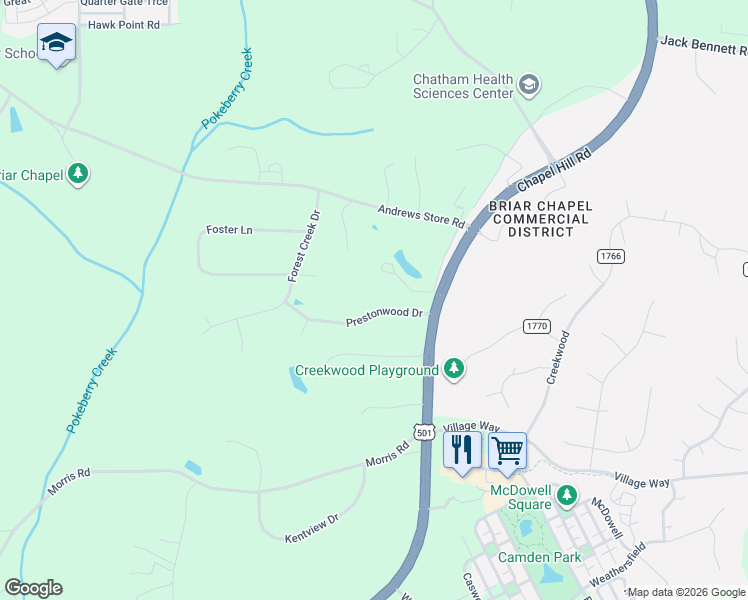 map of restaurants, bars, coffee shops, grocery stores, and more near 136 Prestonwood Drive in Pittsboro