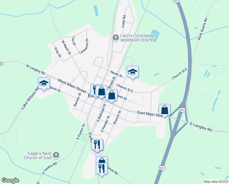 map of restaurants, bars, coffee shops, grocery stores, and more near 102 Nash Street in Elm City