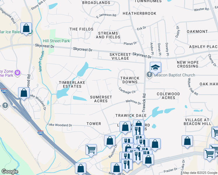 map of restaurants, bars, coffee shops, grocery stores, and more near 2120 Seneca Drive in Raleigh