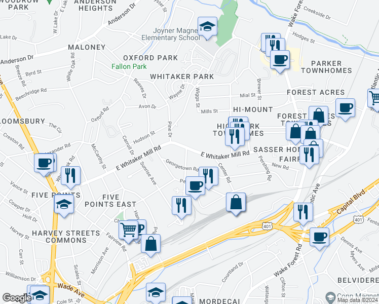 map of restaurants, bars, coffee shops, grocery stores, and more near 502 East Whitaker Mill Road in Raleigh