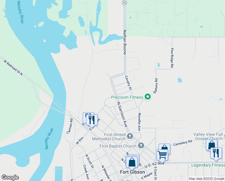 map of restaurants, bars, coffee shops, grocery stores, and more near 803 North Garrison Avenue in Fort Gibson