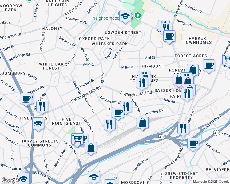 map of restaurants, bars, coffee shops, grocery stores, and more near 500 East Whitaker Mill Road in Raleigh
