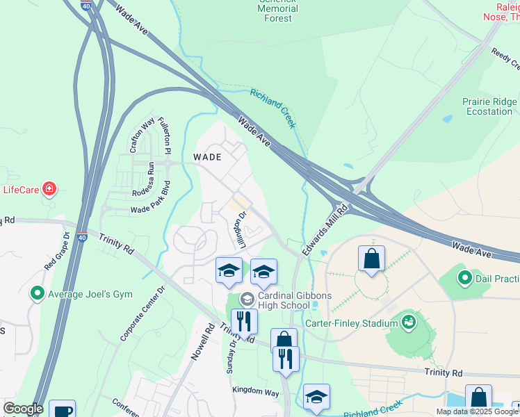 map of restaurants, bars, coffee shops, grocery stores, and more near 5420 Wade Park Boulevard in Raleigh