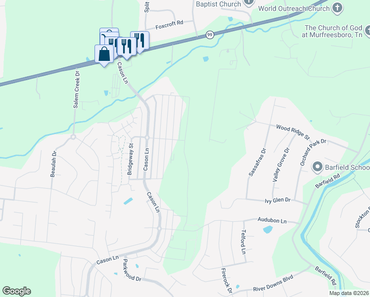 map of restaurants, bars, coffee shops, grocery stores, and more near 154 Spence Creek Lane in Murfreesboro