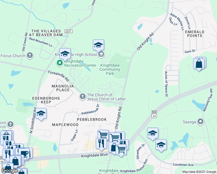 map of restaurants, bars, coffee shops, grocery stores, and more near 1001 Broadbridge Lane in Knightdale