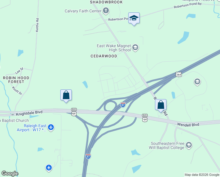 map of restaurants, bars, coffee shops, grocery stores, and more near 9021 U.S. 64 in Knightdale