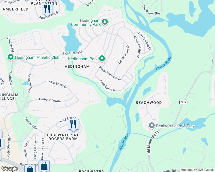 map of restaurants, bars, coffee shops, grocery stores, and more near 1623 Crag Burn Lane in Raleigh