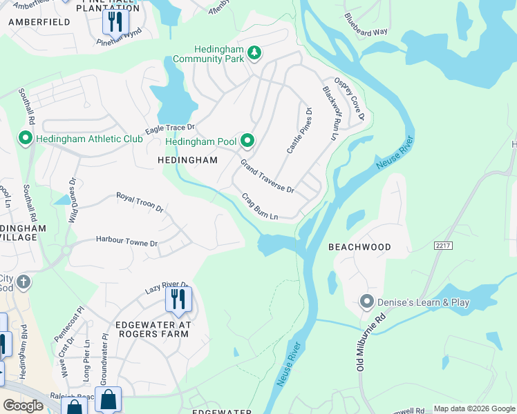 map of restaurants, bars, coffee shops, grocery stores, and more near 1623 Crag Burn Lane in Raleigh