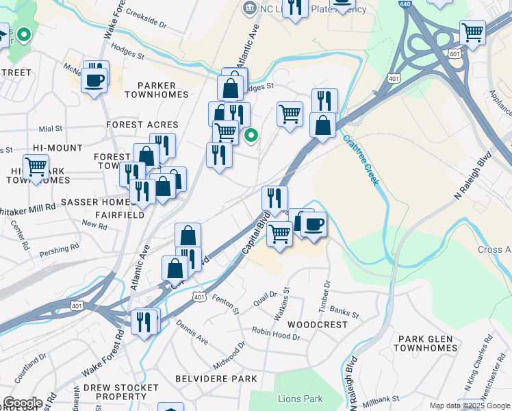map of restaurants, bars, coffee shops, grocery stores, and more near 2210 Capital Boulevard in Raleigh