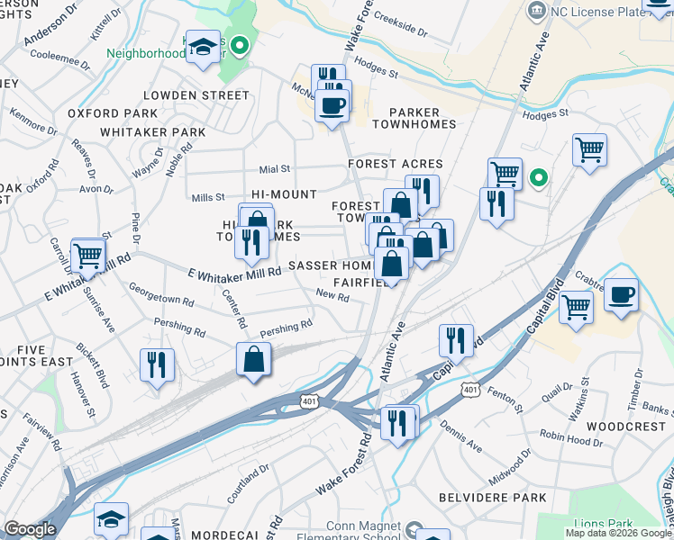 map of restaurants, bars, coffee shops, grocery stores, and more near 1904 Fairfield Drive in Raleigh