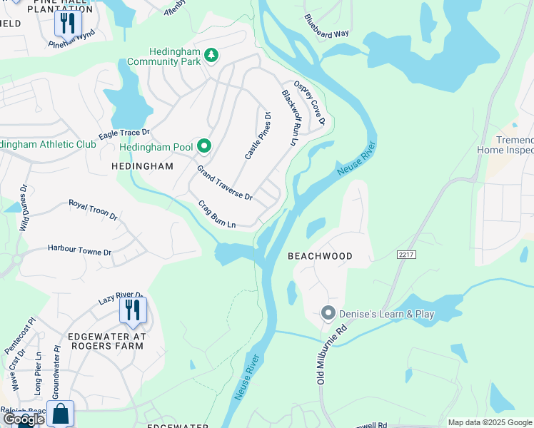 map of restaurants, bars, coffee shops, grocery stores, and more near 1413 Crag Burn Lane in Raleigh