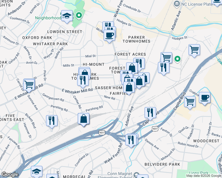 map of restaurants, bars, coffee shops, grocery stores, and more near 1904 Fairfield Drive in Raleigh