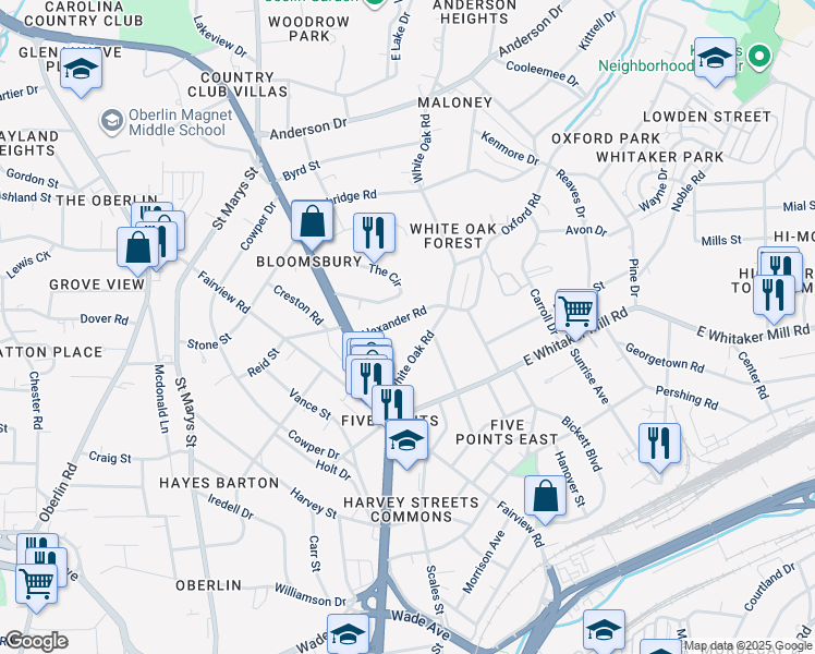 map of restaurants, bars, coffee shops, grocery stores, and more near 1916 Alexander Road in Raleigh