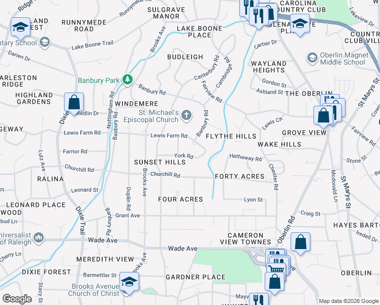 map of restaurants, bars, coffee shops, grocery stores, and more near 2533 York Road in Raleigh