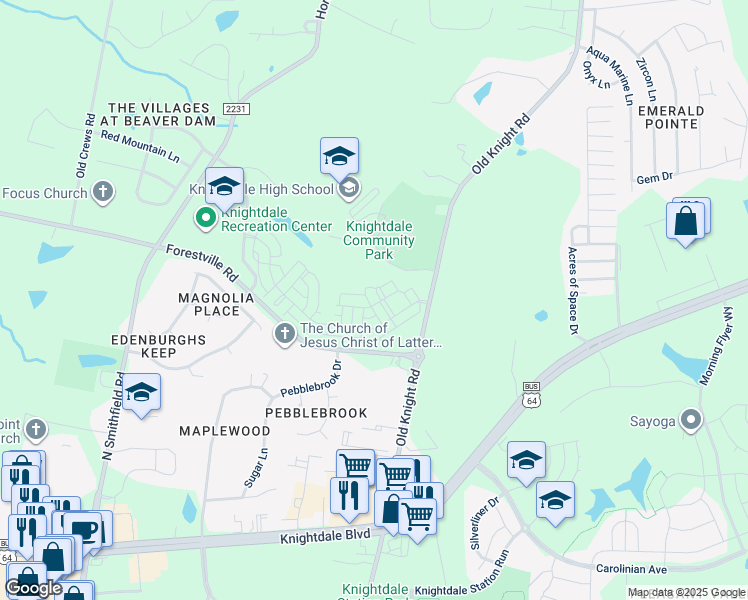map of restaurants, bars, coffee shops, grocery stores, and more near 1001 Broadbridge Lane in Knightdale