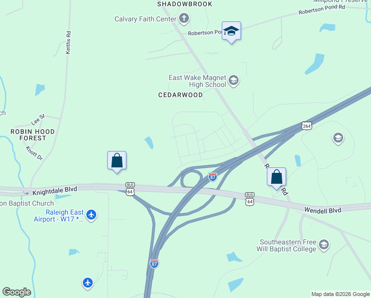 map of restaurants, bars, coffee shops, grocery stores, and more near 9021 U.S. 64 in Knightdale