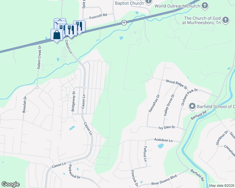 map of restaurants, bars, coffee shops, grocery stores, and more near 154 Spence Creek Lane in Murfreesboro
