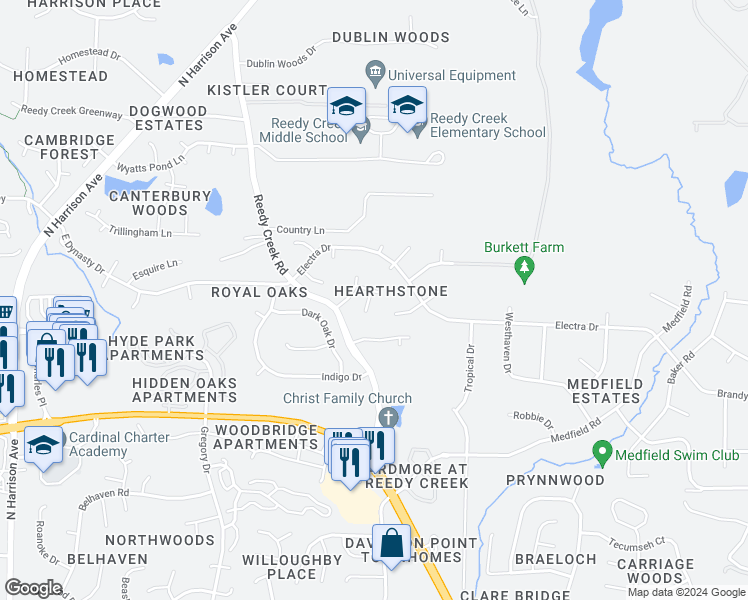 map of restaurants, bars, coffee shops, grocery stores, and more near 101 Charolais Trail in Cary