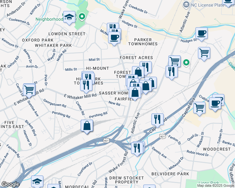 map of restaurants, bars, coffee shops, grocery stores, and more near 730 East Whitaker Mill Road in Raleigh