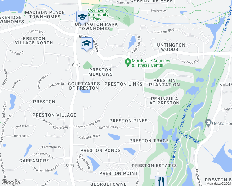 map of restaurants, bars, coffee shops, grocery stores, and more near 297 Hogans Valley Way in Cary