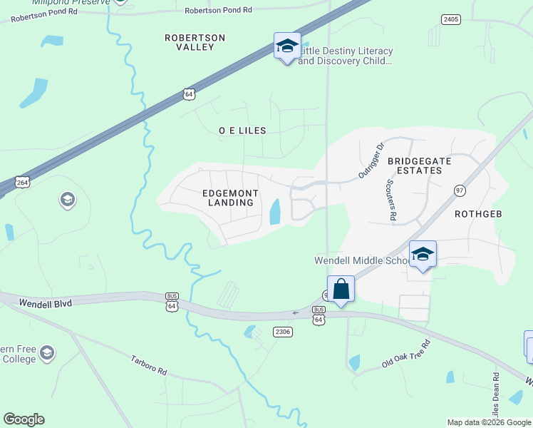 map of restaurants, bars, coffee shops, grocery stores, and more near 5878 Sandpiper Farm Lane in Wendell