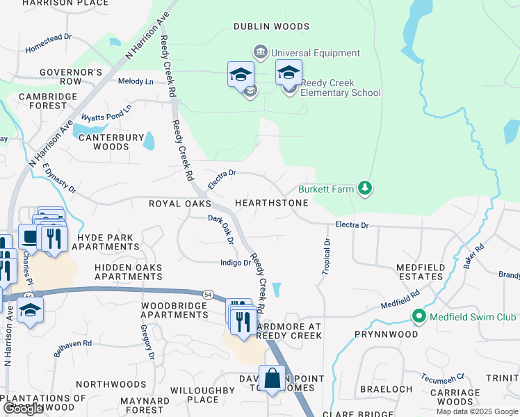 map of restaurants, bars, coffee shops, grocery stores, and more near 101 Charolais Trail in Cary