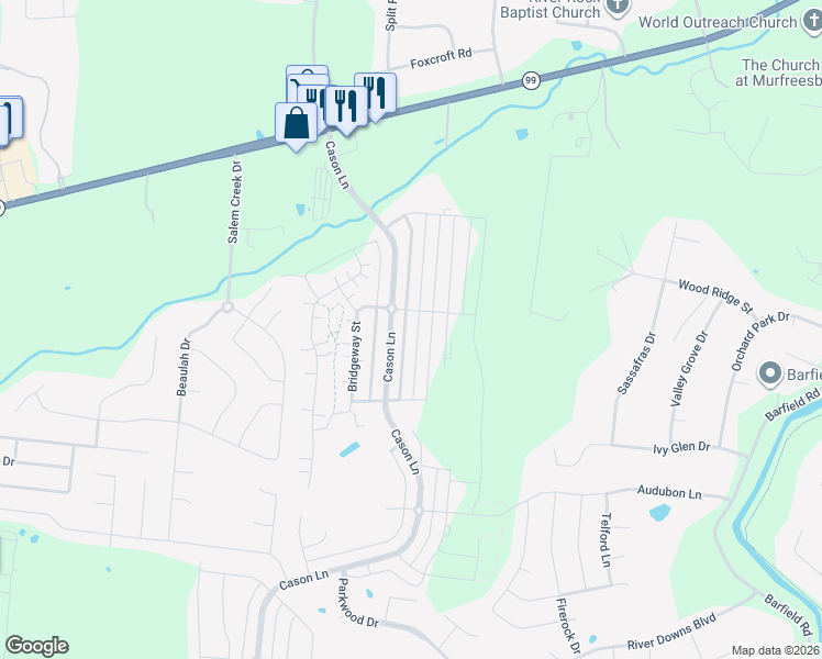 map of restaurants, bars, coffee shops, grocery stores, and more near 2239 Cason Lane in Murfreesboro