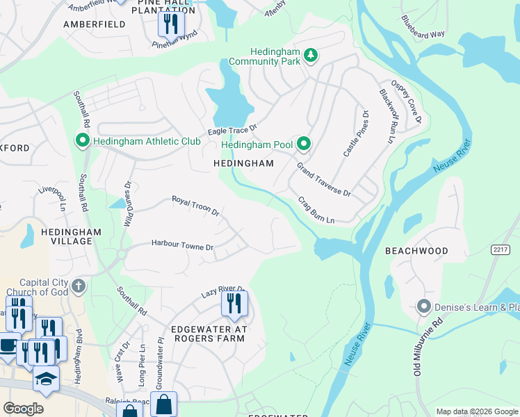 map of restaurants, bars, coffee shops, grocery stores, and more near 1537 Long Cove Court in Raleigh