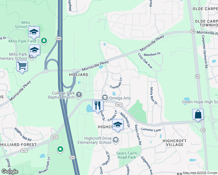 map of restaurants, bars, coffee shops, grocery stores, and more near 3215 Kempthorne Road in Cary