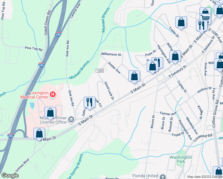 map of restaurants, bars, coffee shops, grocery stores, and more near 18 Goodluck Drive in Lexington
