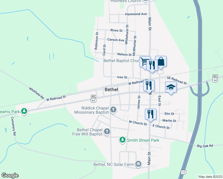 map of restaurants, bars, coffee shops, grocery stores, and more near in Bethel
