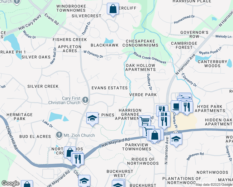 map of restaurants, bars, coffee shops, grocery stores, and more near 301 Evans Estates Drive in Cary