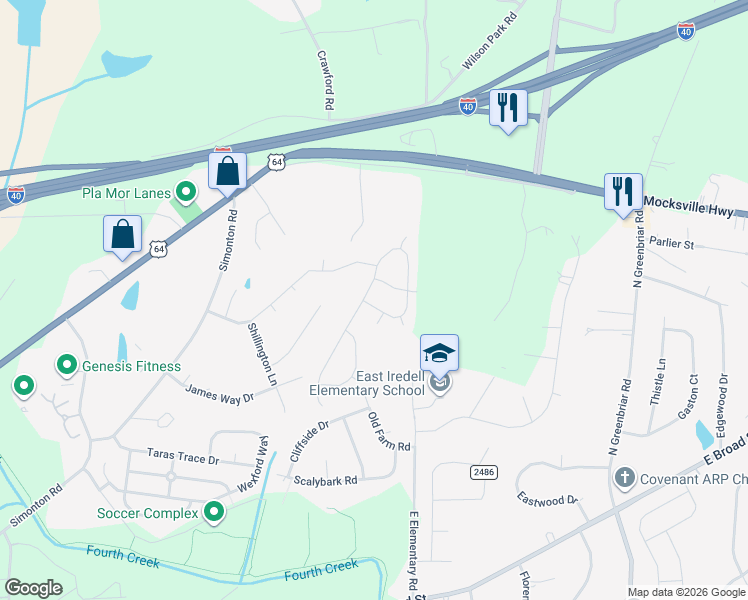 map of restaurants, bars, coffee shops, grocery stores, and more near 917 Little Dog Lane in Statesville