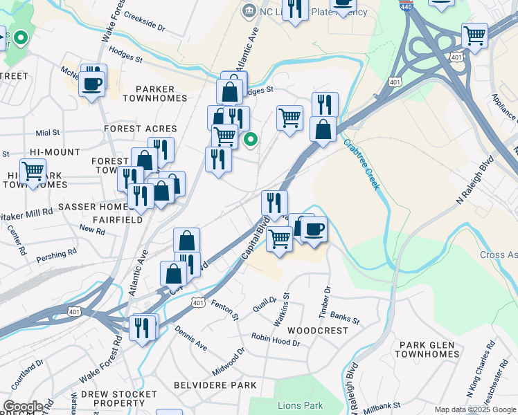 map of restaurants, bars, coffee shops, grocery stores, and more near 1863 Capital Boulevard in Raleigh