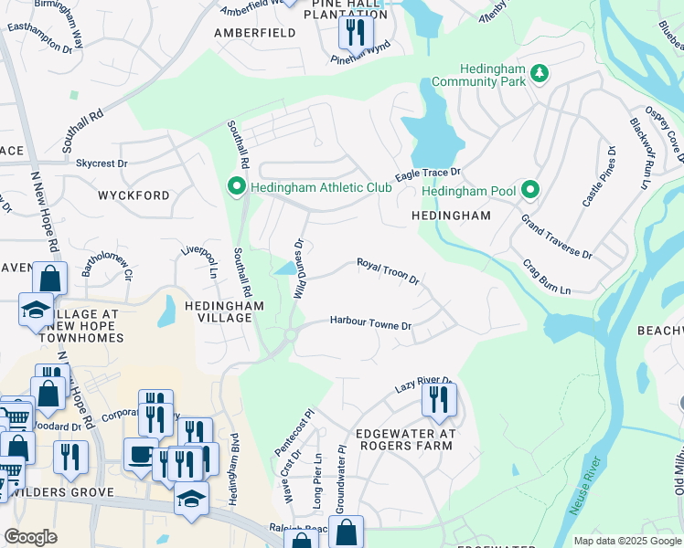 map of restaurants, bars, coffee shops, grocery stores, and more near 4724 Royal Troon Drive in Raleigh
