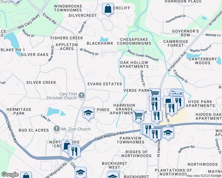 map of restaurants, bars, coffee shops, grocery stores, and more near 301 Evans Estates Drive in Cary
