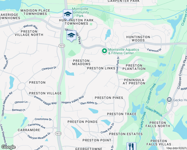 map of restaurants, bars, coffee shops, grocery stores, and more near 297 Hogans Valley Way in Cary