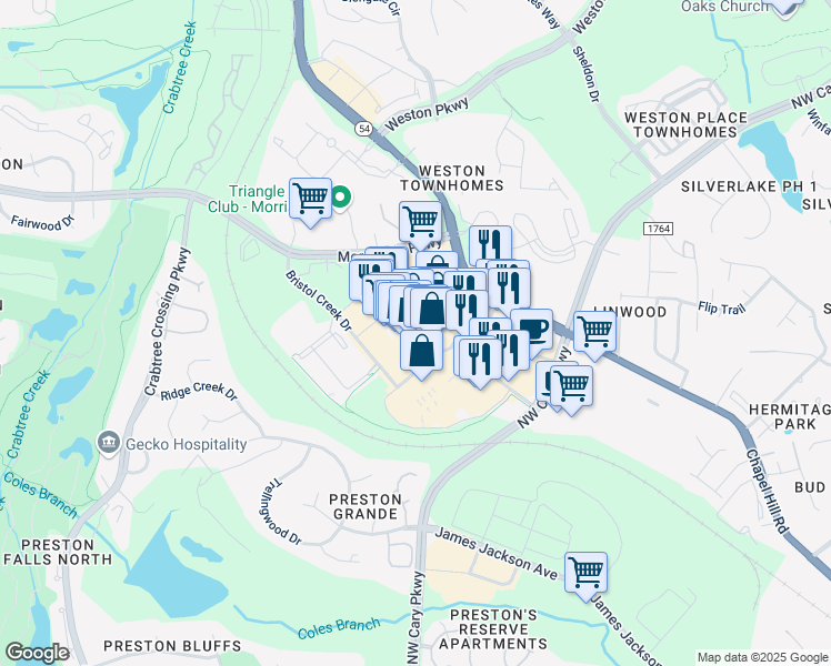 map of restaurants, bars, coffee shops, grocery stores, and more near 3001 Village Market Place in Morrisville