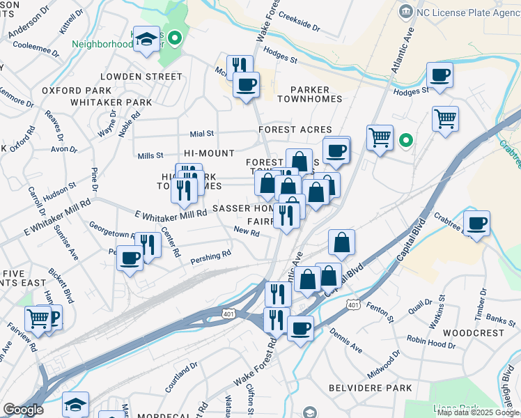 map of restaurants, bars, coffee shops, grocery stores, and more near 754 East Whitaker Mill Road in Raleigh