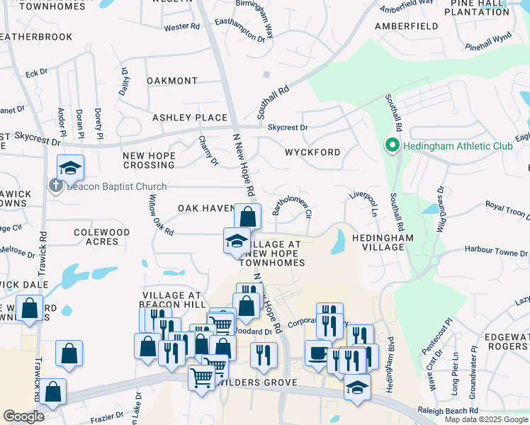 map of restaurants, bars, coffee shops, grocery stores, and more near 4308 Dyer Court in Raleigh