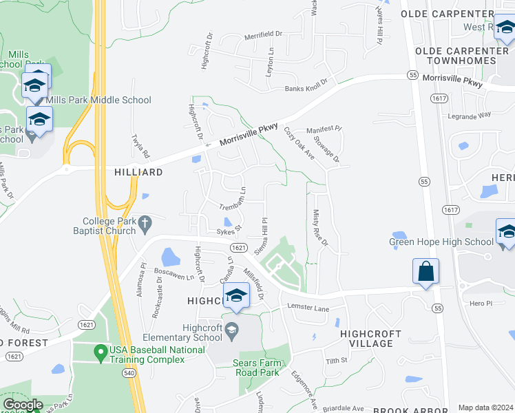 map of restaurants, bars, coffee shops, grocery stores, and more near 7205 Stonecrest View Lane in Cary