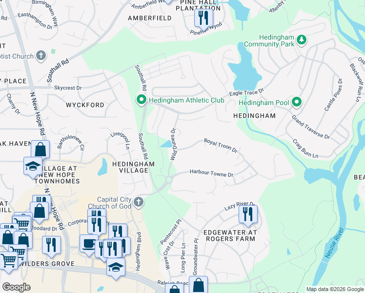 map of restaurants, bars, coffee shops, grocery stores, and more near 4712 Royal Troon Drive in Raleigh